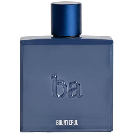 A rectangular blue perfume bottle with a matching blue cap, featuring the embossed lowercase 'ba' logo and the word 'BOUNTEFUL' printed near the bottom, set against a plain white background.