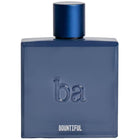 A rectangular blue perfume bottle with a matching blue cap, featuring the embossed lowercase 'ba' logo and the word 'BOUNTEFUL' printed near the bottom, set against a plain white background.