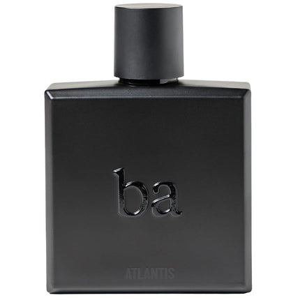 A matte black rectangular perfume bottle with a matching cylindrical cap, featuring the embossed lowercase 'ba' logo and the word 'ATLANTIS' near the bottom, set against a plain white background.