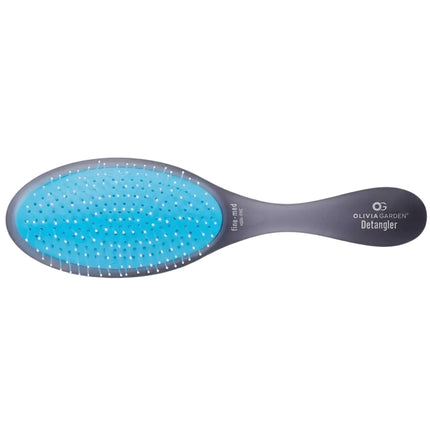 Olivia Garden Detangler hairbrush with a blue gradient silicone bristle pad and a dark gray handle, shown on a light gray background.