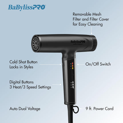 BabylissPRO Nano Titanium Matte Black Light Ionic High-Speed Dryer