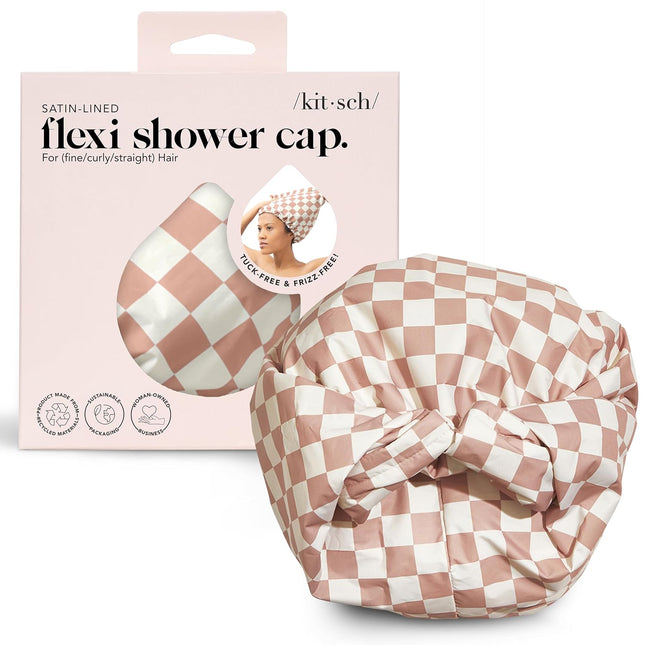 KITSCH Terracotta Checker Satin Shower Cap