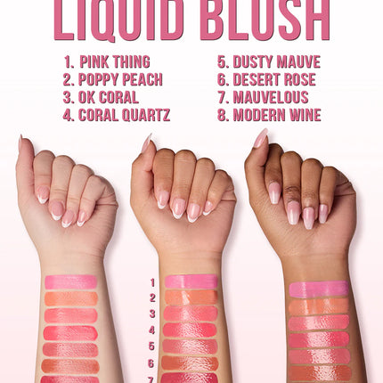 Beauty Creations Liquid Blush swatches on various skin tones