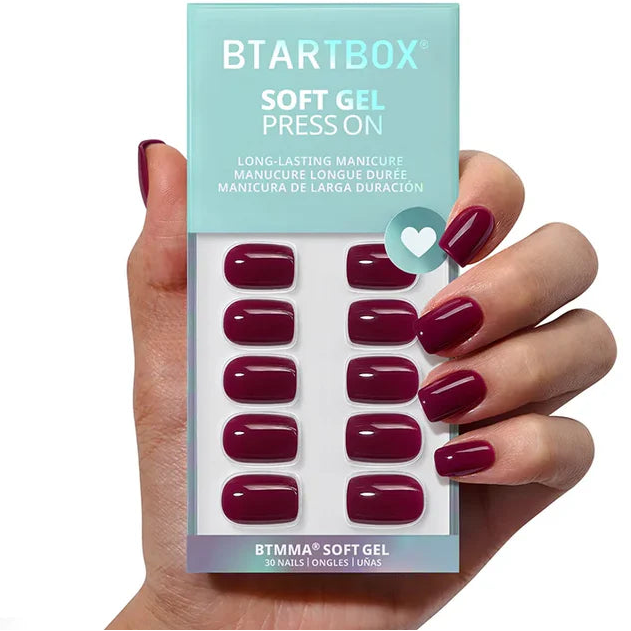 BTArtboxnails Blackberry Secret Forest collection box with 30 extra short square soft gel press on nails and application kit.