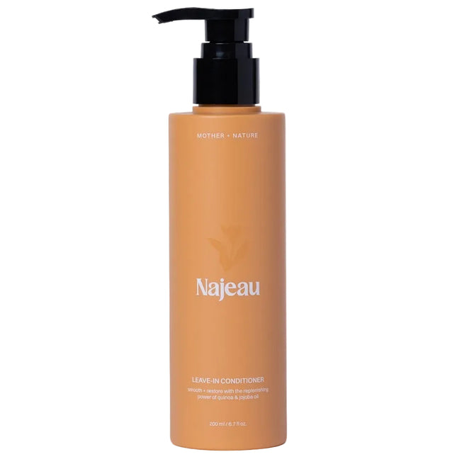 Najeau Mother Nature Leave-In Conditioner in a matte terracotta orange bottle with a black pump dispenser, set against a clean white background.