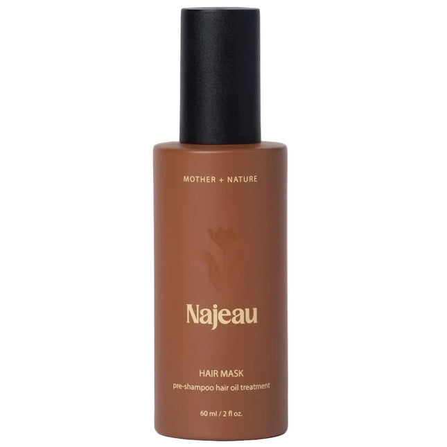 Najeau Mother + Nature Hair Mask in a matte brown bottle with a black cap, shown on a clean white background.