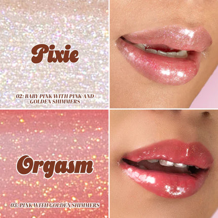Italia Deluxe Thirsty Pout Hi-Shine Lip Gloss Pixie and Orgasm Swatch