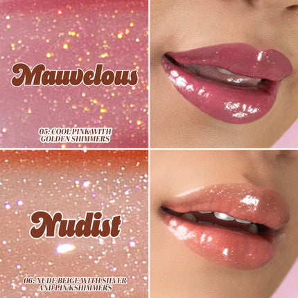 Italia Deluxe Thirsty Pout Hi-Shine Lip Gloss Mauvelous and Nudist Swatch