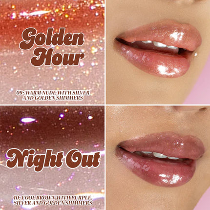 Italia Deluxe Thirsty Pout Hi-Shine Lip Gloss Golden Hour and Night Out Swatch