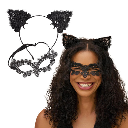 kitsch Black Cat Lace Headband & Mask