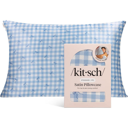 kitsch Satin Pillowcase in Gingham Blue - Standard