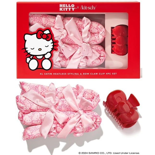kitsch Hello Kitty x Kitsch XL Satin Heatless Styling & Bow Claw Clip 4pc Set