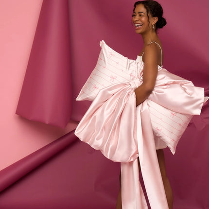 kitsch Holiday Satin Pillowcase in Striped Bows - King