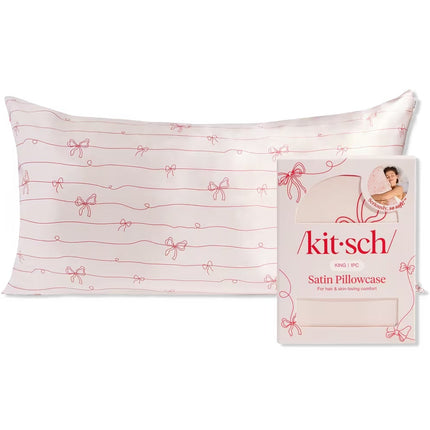 kitsch Holiday Satin Pillowcase in Striped Bows - King