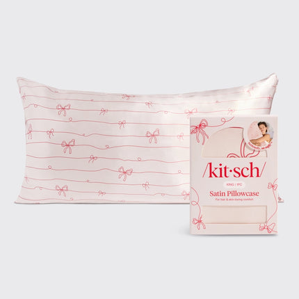 kitsch Holiday Satin Pillowcase in Striped Bows - King