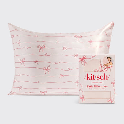 kitsch Holiday Satin Pillowcase in Striped Bows