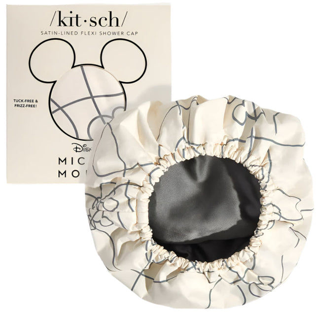 kitsch x Mickey and Minnie Satin Flexi Shower Cap in Mickey Maze