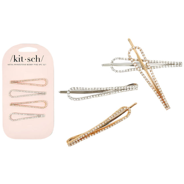 kitsch Metal Rhinestone Drop Bobby Pins 4pc Set - Gold and Silver
