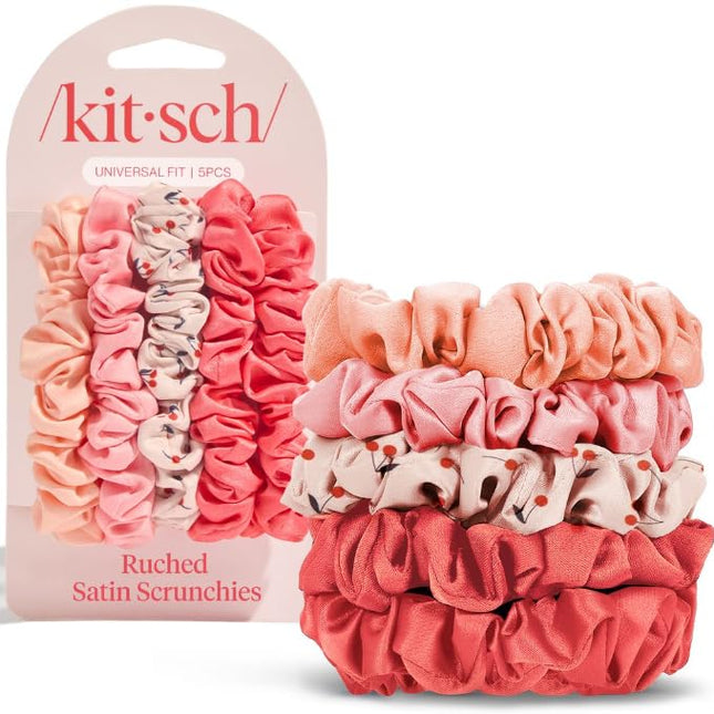 kitsch Cherry Blossom Ruched Satin Scrunchies 5pc Set