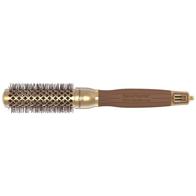 Close-up view of a round thermal hair brush with ceramic technology, featuring wavy heat-resistant bristles and a unique handle.