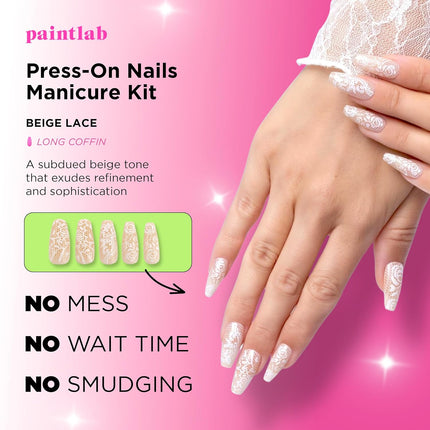Paint Lab Beige Lace Coffin Press-on Nails