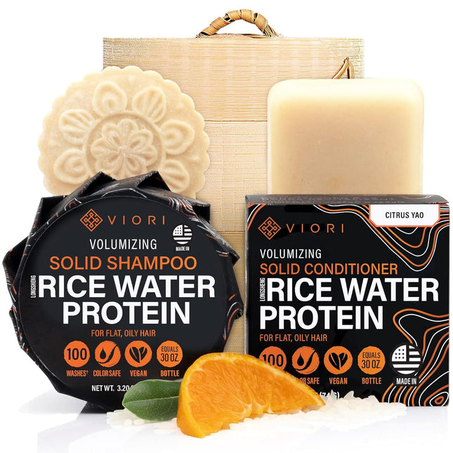 Viori Rice Water Shampoo & Conditioner Bar Set & Bamboo Holder - Citrus Yao | For Oil Control