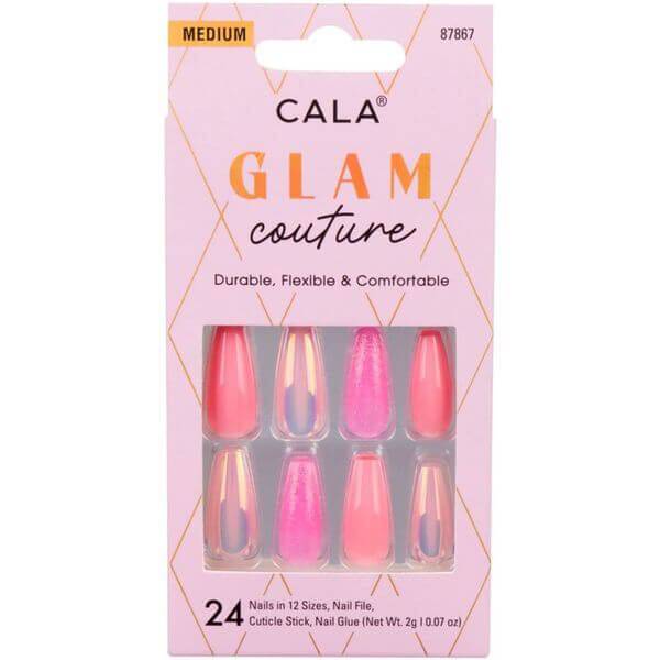 CALA Glam Couture | Coffin Pink Glitter Press On Nails