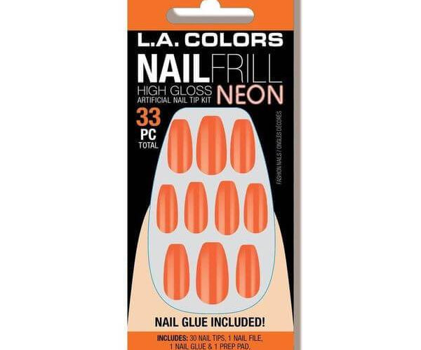 L.A. Colors Nail Accessories 33pc. Nail Frill Neon High Gloss Artificial Nail Tip Kit w/ Glue - Flames 33 pc product package