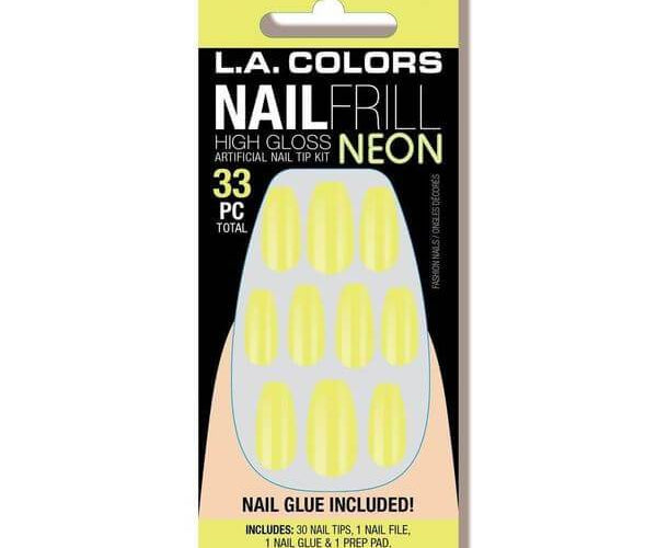 L.A. Colors Nail Accessories 33pc. Nail Frill Neon High Gloss Artificial Nail Tip Kit w/ Glue -Highlight 33 pc product package
