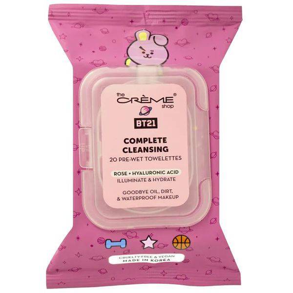 The Creme Shop COOKY Complete Cleansing Towelettes - Rose & Hyaluronic Acid - Aloe Vera & Lemon (20 Pre-Wet Towelettes)